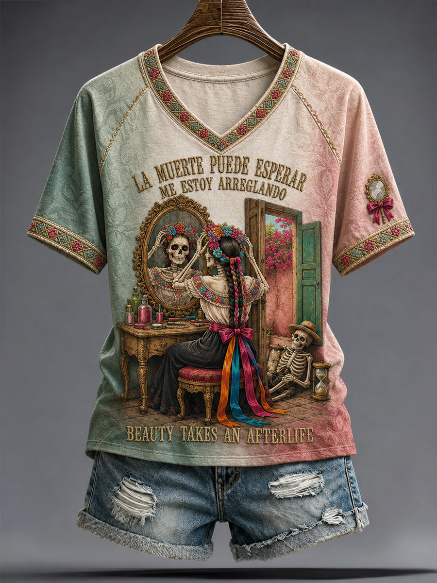 Camiseta estampada con diseño artístico del Día de la Independencia de México para mujer