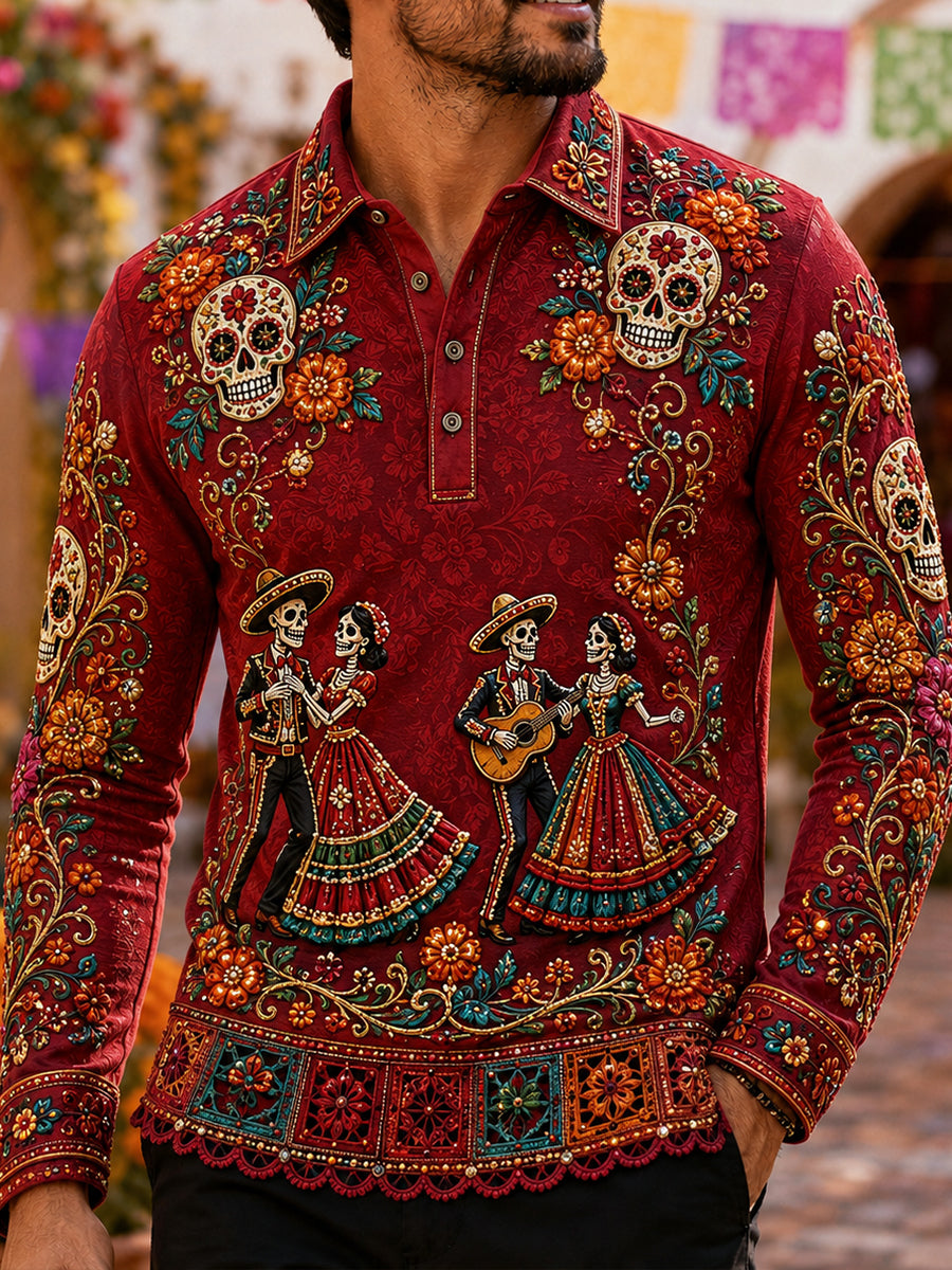 Camisa de manga larga para hombre con diseño del Día de los Muertos de México