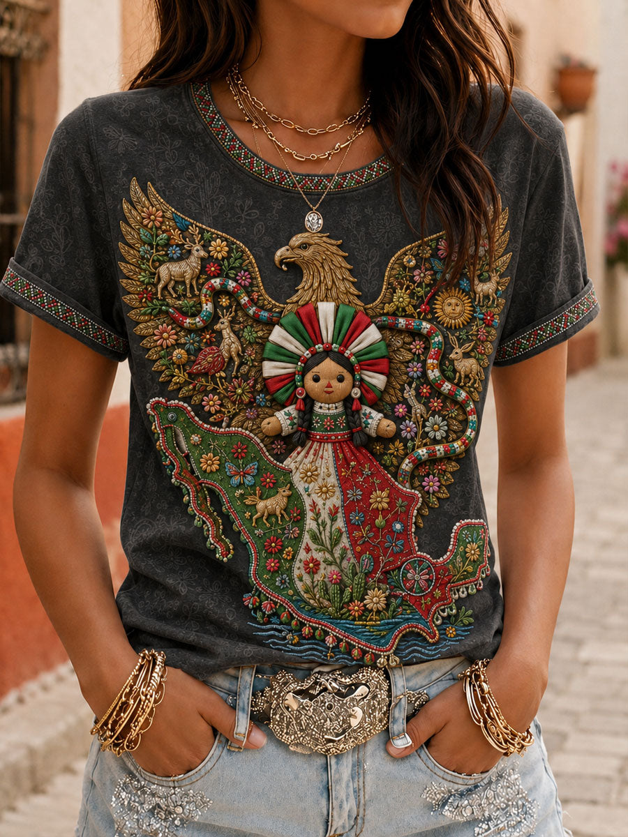 Camiseta estampada con diseño artístico del Día de la Independencia de México de 1810 para mujer