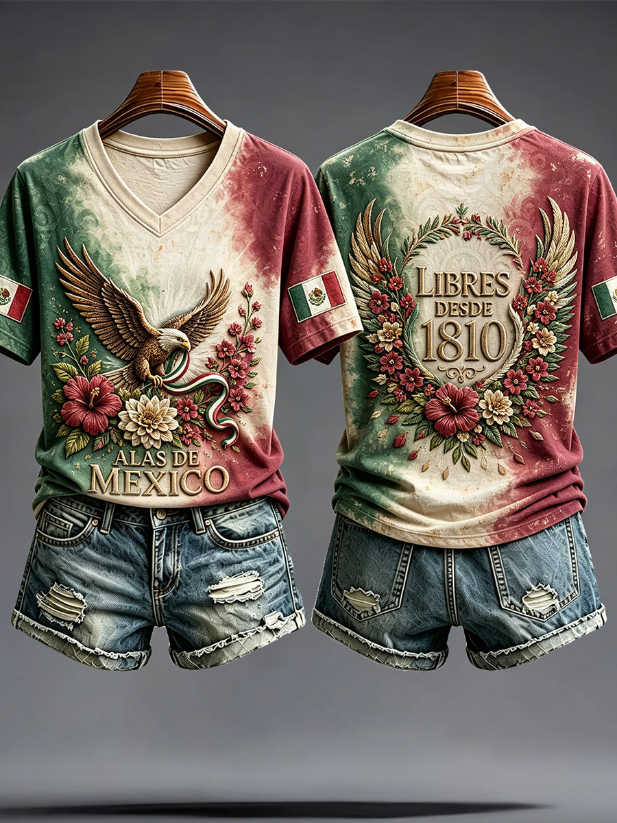 Camiseta estampada con diseño artístico del Día de la Independencia de México para mujer