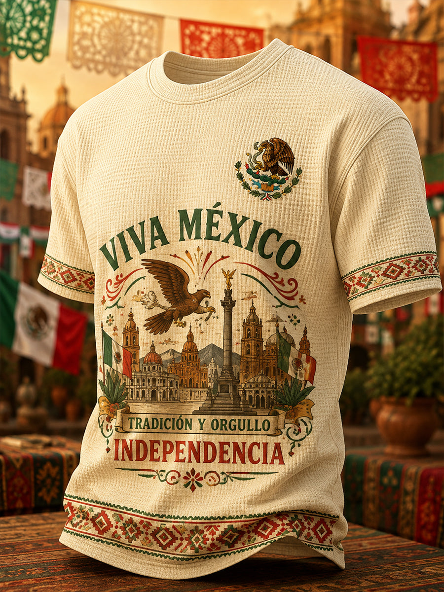 Camiseta de manga corta de punto de gofres con estampado conmemorativo del Día de la Independencia para hombre