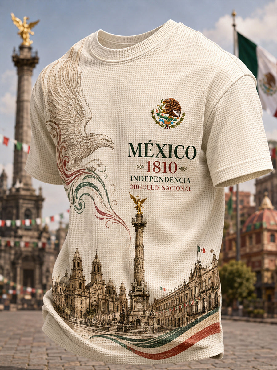 Camiseta de manga corta en punto gofrado con estampado conmemorativo del Día de la Independencia para hombre