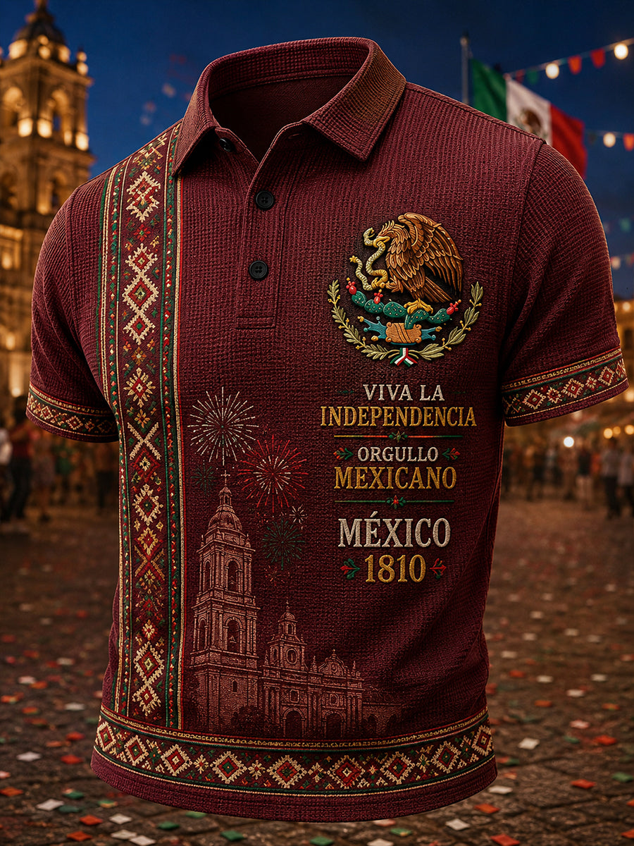 Polo de manga corta de punto de gofres con estampado temático del Día de la Independencia para hombre