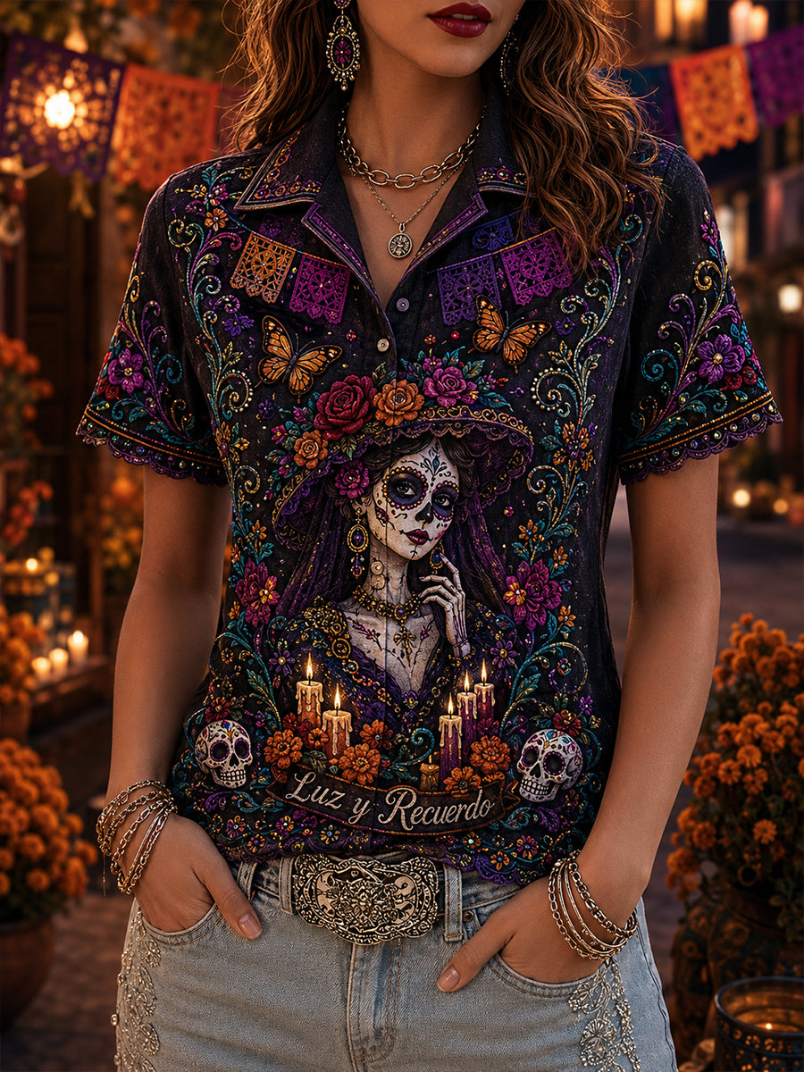 Camisa de manga corta para mujer con diseño mexicano del Día de los Muertos