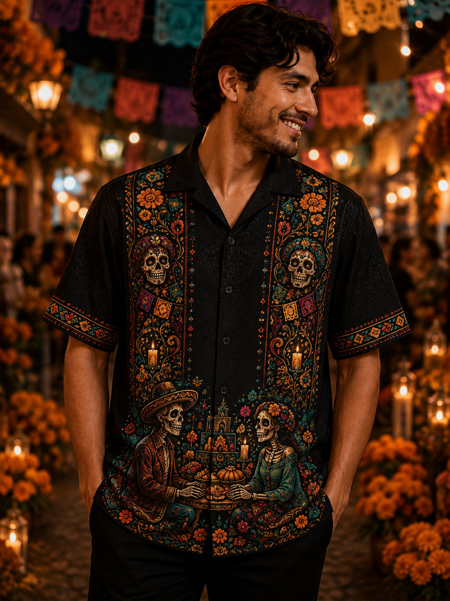Camisa de cuello cubano para hombre, diseño mexicano del Día de los Muertos, con mangas cortas