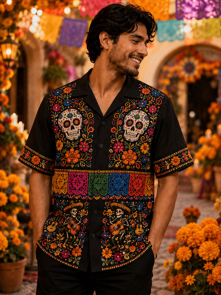 Día de México los hombres De Los Muertos Cuello Cubano Camisa Con Mangas Cortas