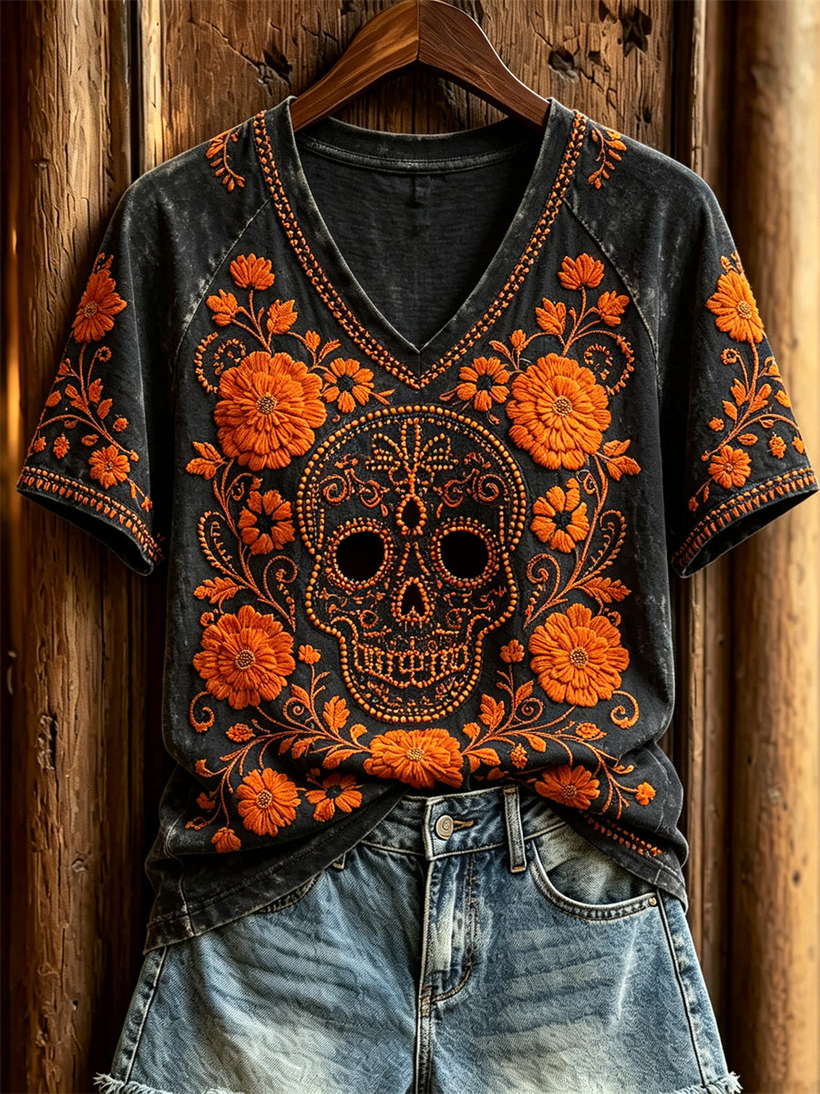 Camiseta de manga corta con estampado floral mexicano de calaveras de azúcar y flor de muerto, para el Día de la Mujer