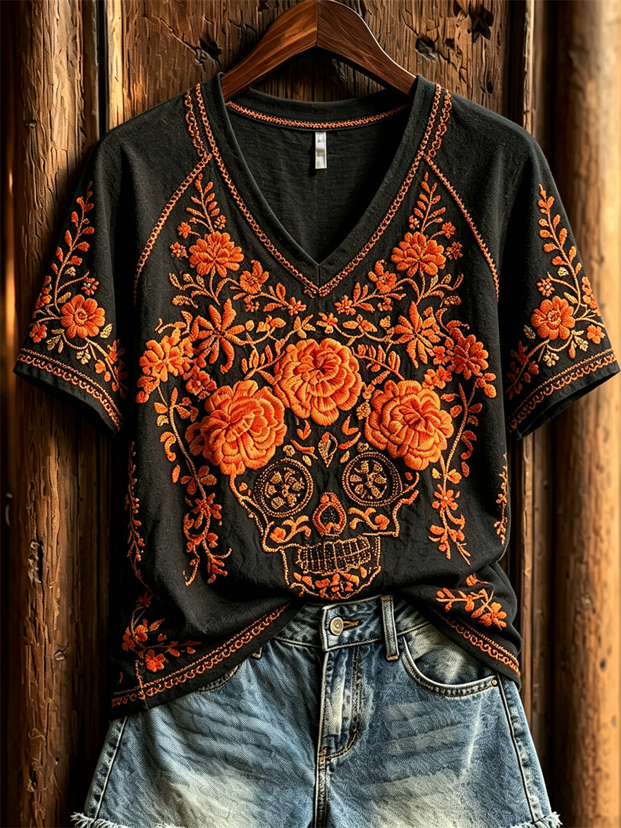 Camiseta de manga corta con estampado floral mexicano de calaveras de azúcar y flor de muerto, para el Día de la Mujer