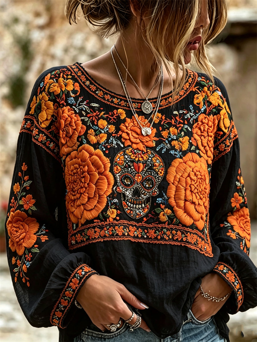 Camisa de algodón-lino con estampado floral mexicano de calaveras de azúcar y flor de muerto para el Día de la Mujer