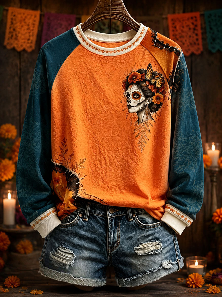 Sudadera estampada con arte del Día de los Muertos mexicano para mujer