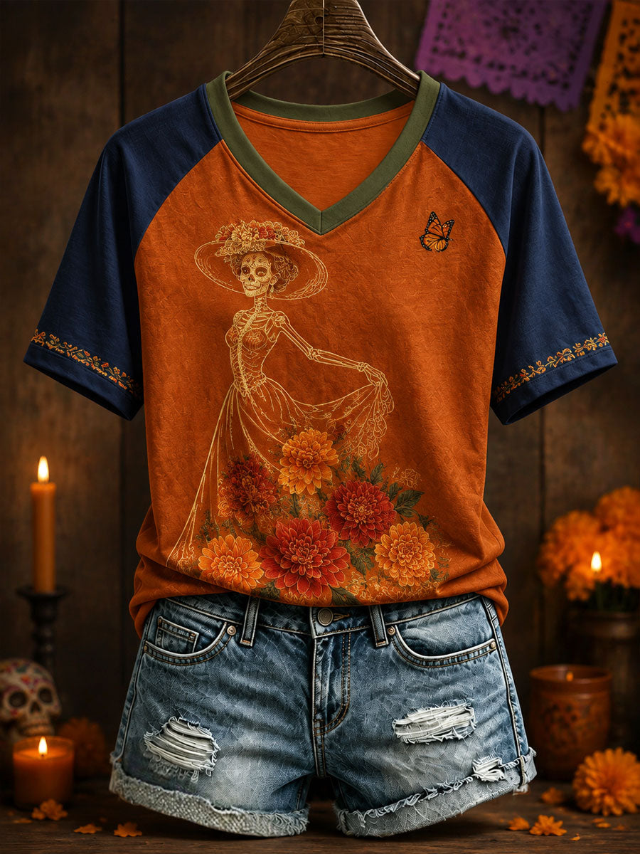 Camiseta estampada con arte del Día de los Muertos mexicano para mujer