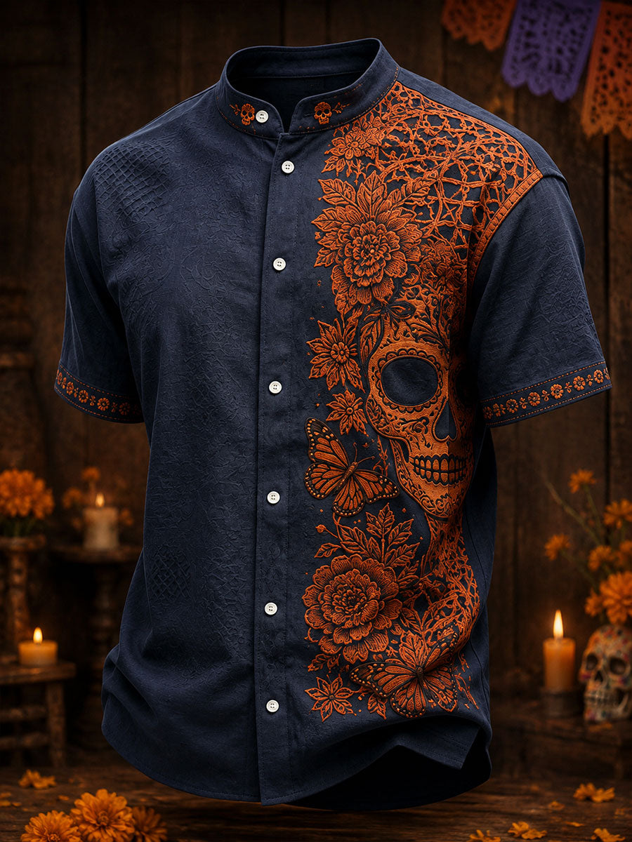 Camisa de lino estampada con diseño mexicano del Día de los Muertos para hombre