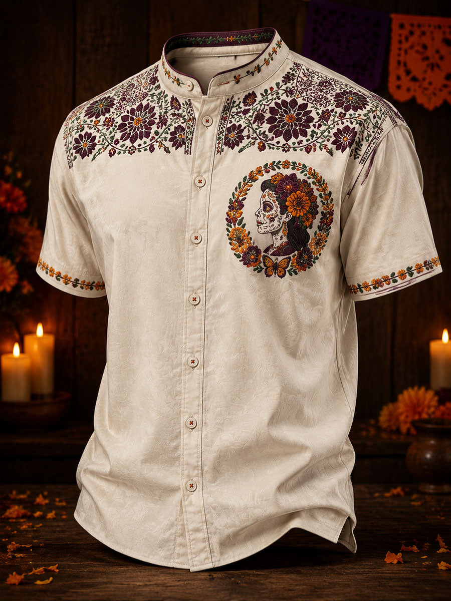 Camisa de lino estampada con diseño mexicano del Día de los Muertos para hombre