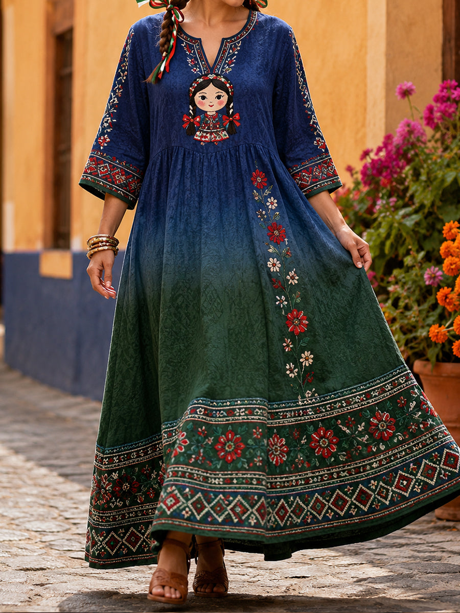Vestido de lino estampado con diseño floral de muñeca Lele mexicana para mujer