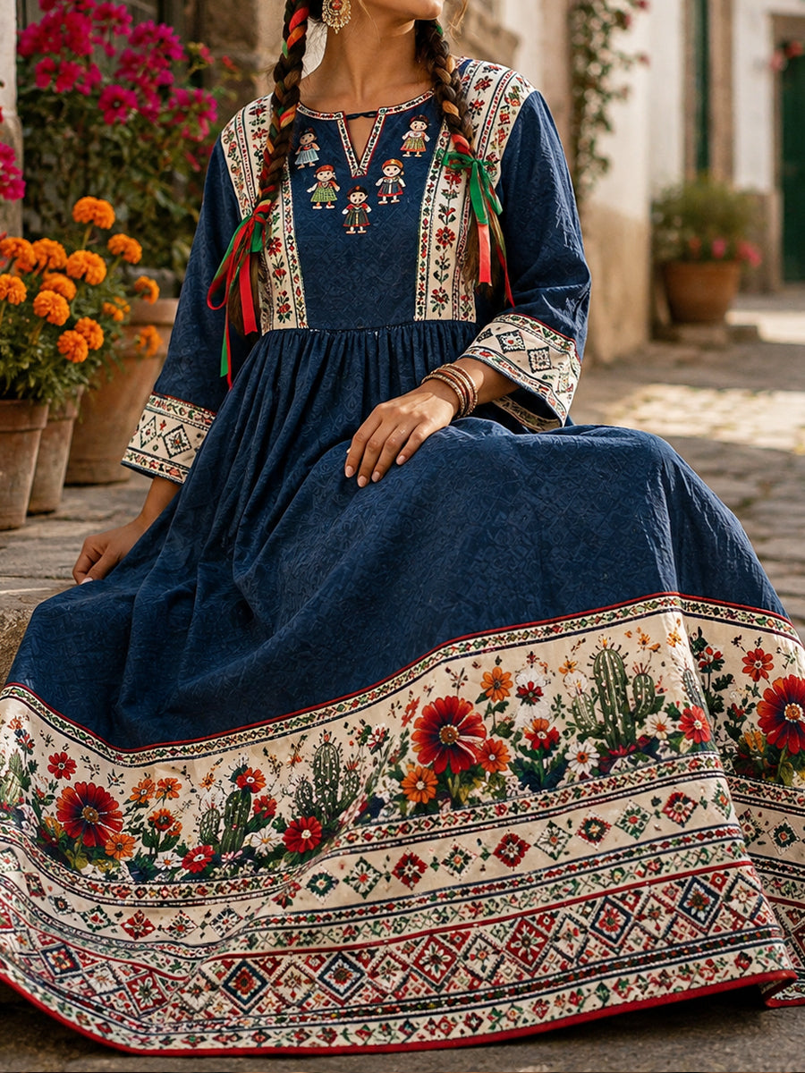 Vestido de lino estampado con diseño floral de muñeca Lele mexicana para mujer