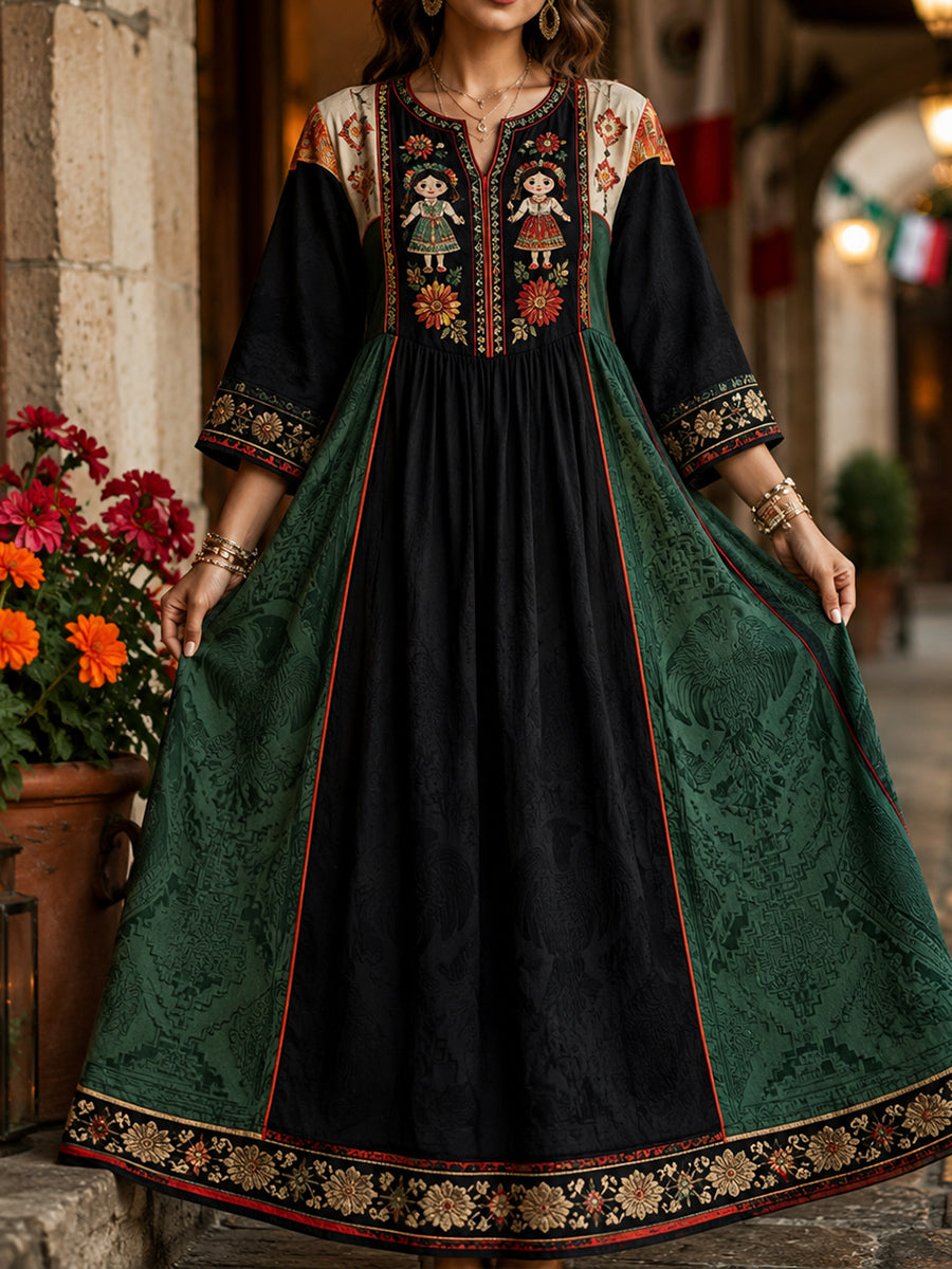 Vestido de lino estampado con diseño floral de muñeca Lele mexicana para mujer