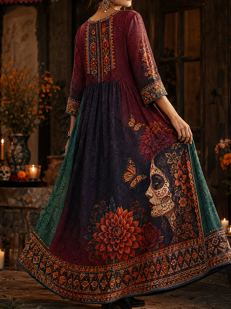 Día de México de las mujeres del arte floral muerto impreso vestido de lino