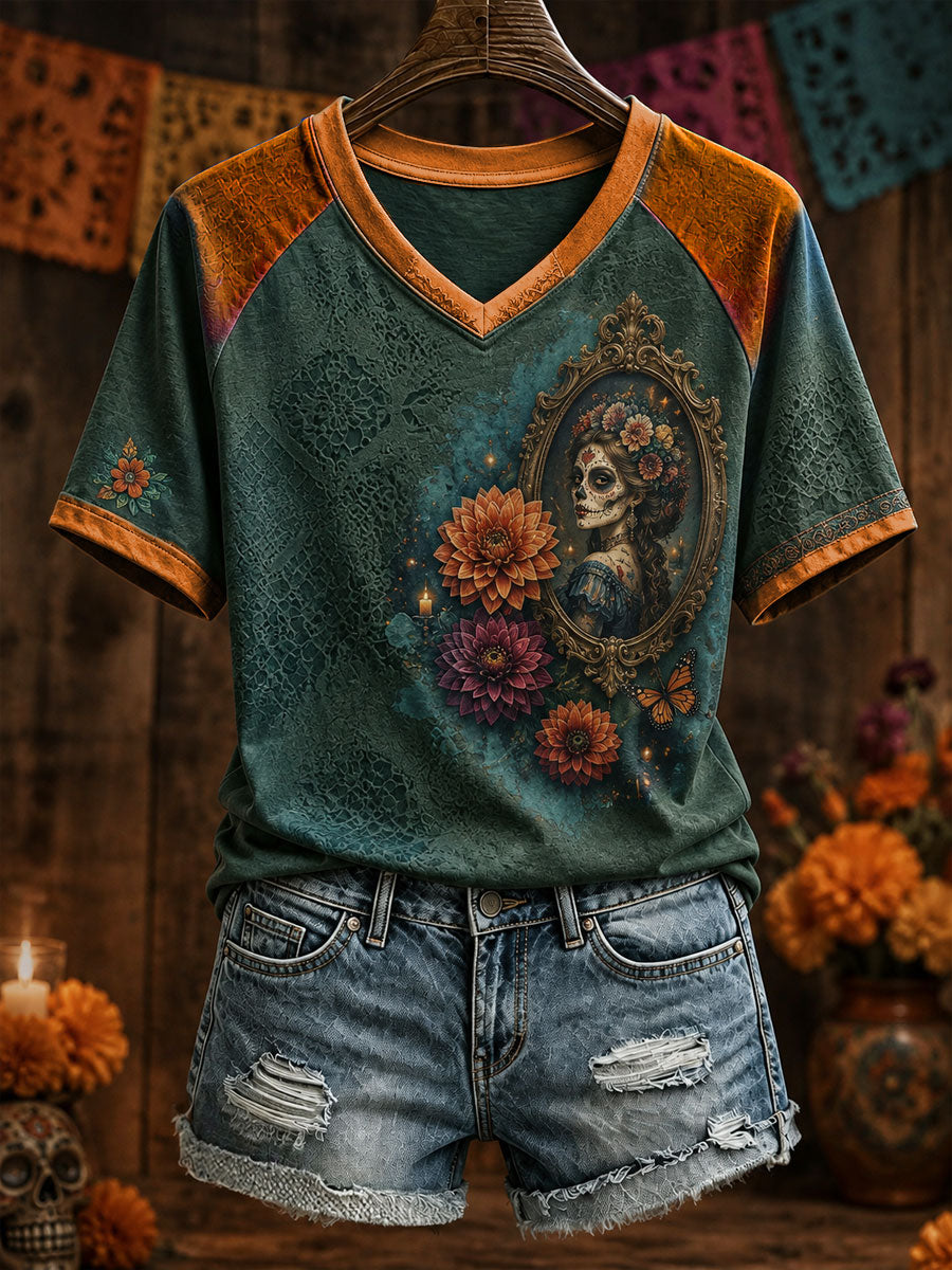 Camiseta estampada con arte floral del Día de los Muertos mexicano para mujer