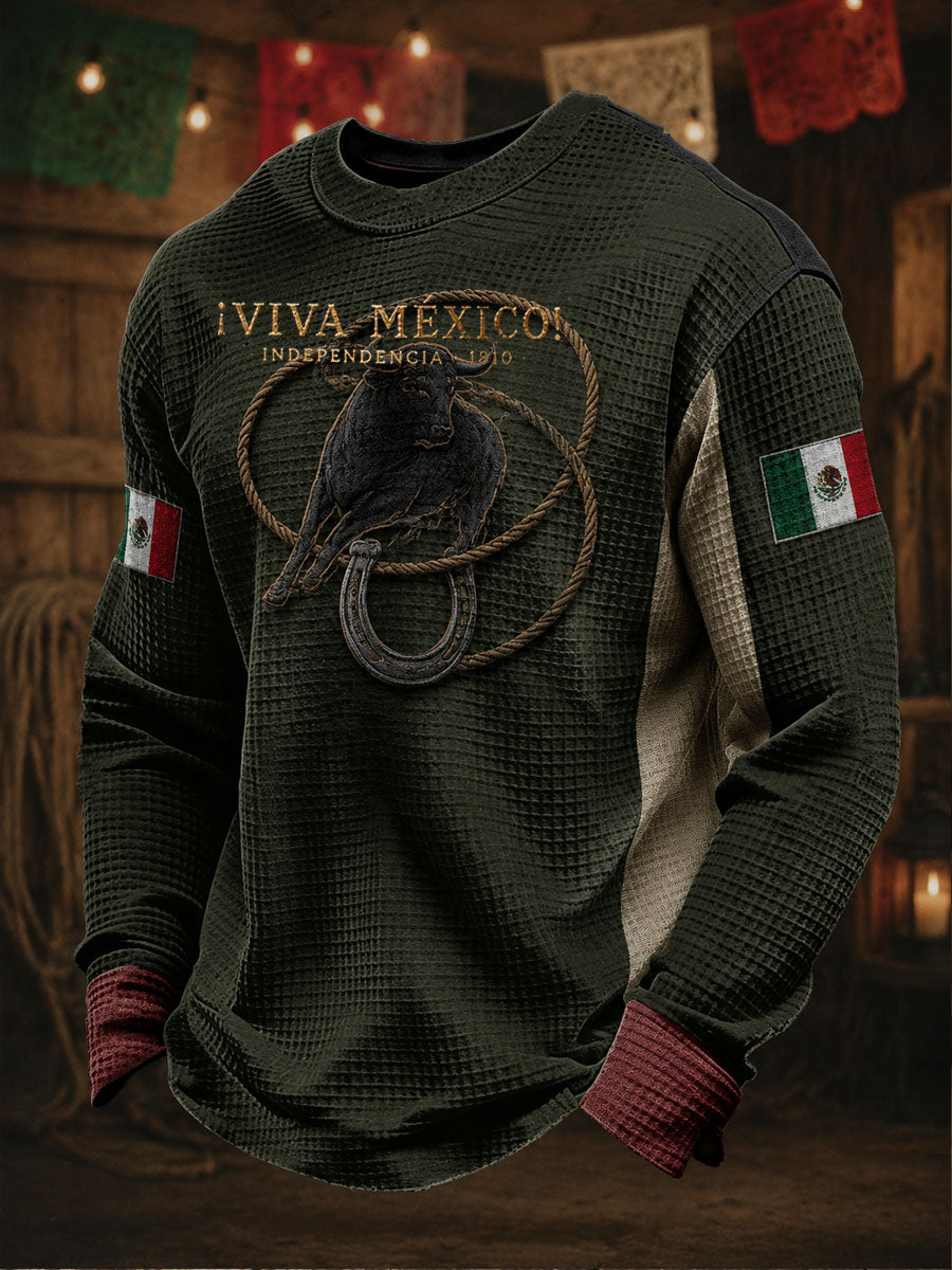 Sudadera de waffle con estampado artístico del Día de la Independencia de México para hombre