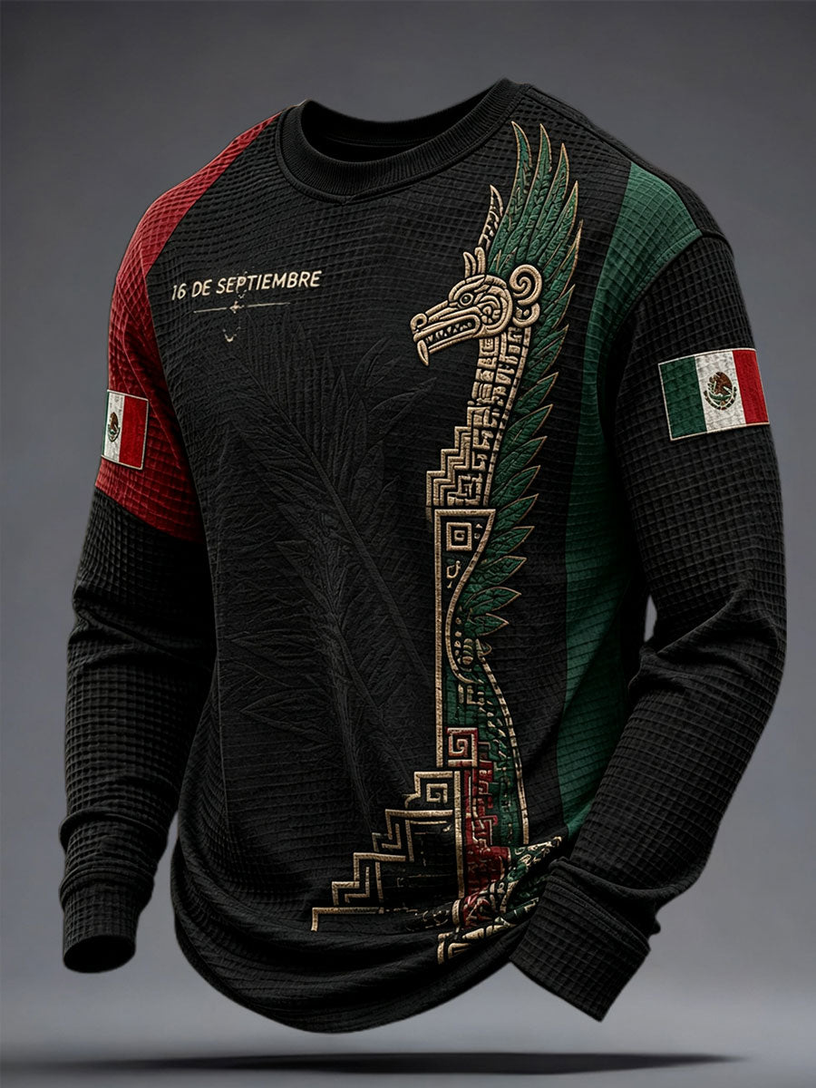 Sudadera de waffle con estampado artístico del Día de la Independencia de México para hombre