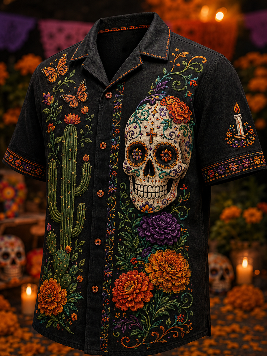 Camiseta de manga corta con estampado artístico del Día de los Muertos para hombre
