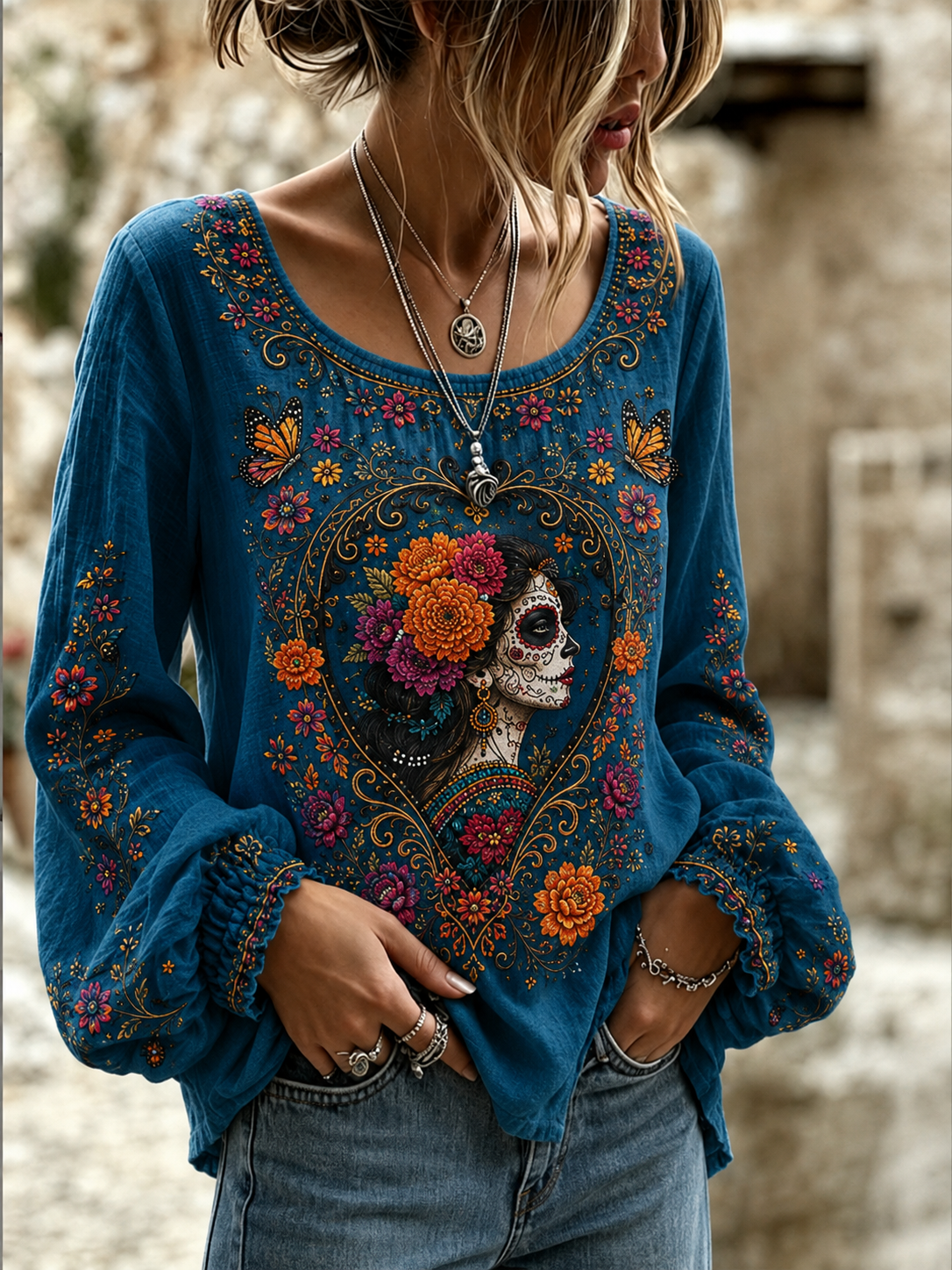 Camisa de lino de algodón de día de los muertos para mujer