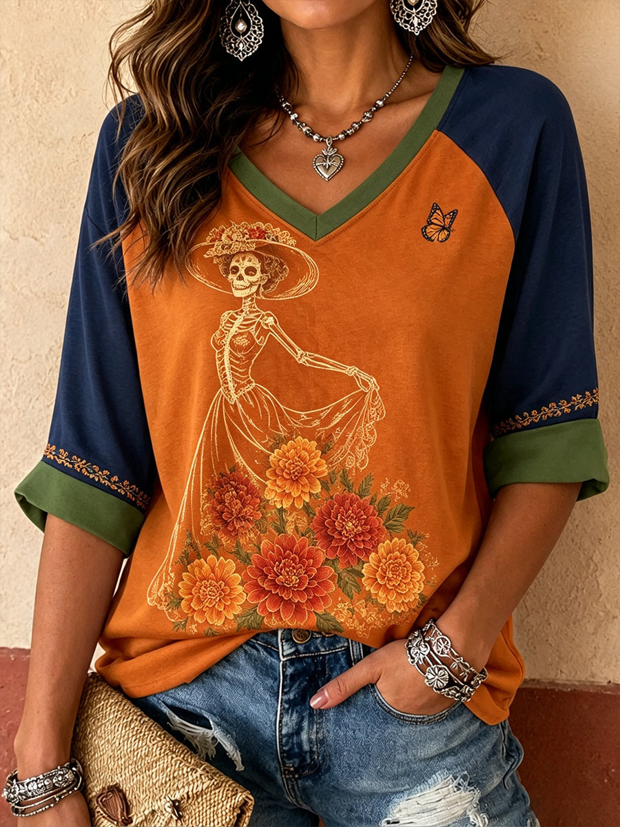 Día de México de las mujeres del arte floral muerto impreso camiseta de lino