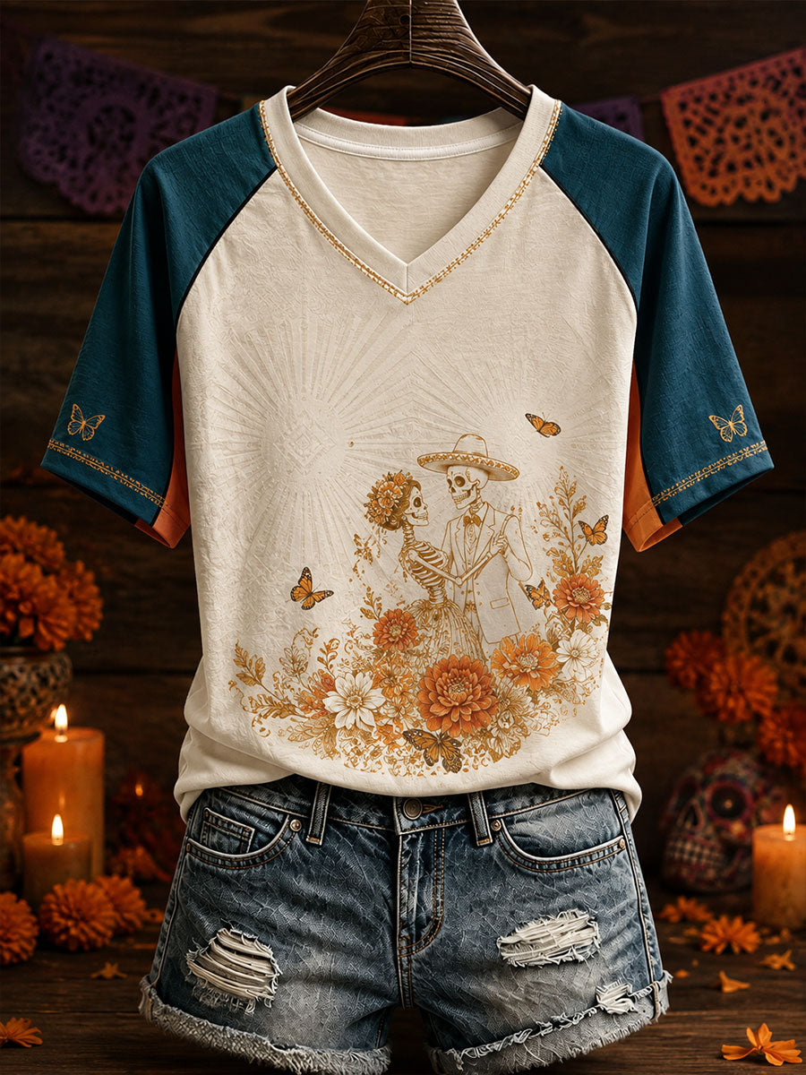 Camiseta estampada con arte floral del Día de los Muertos mexicano para mujer