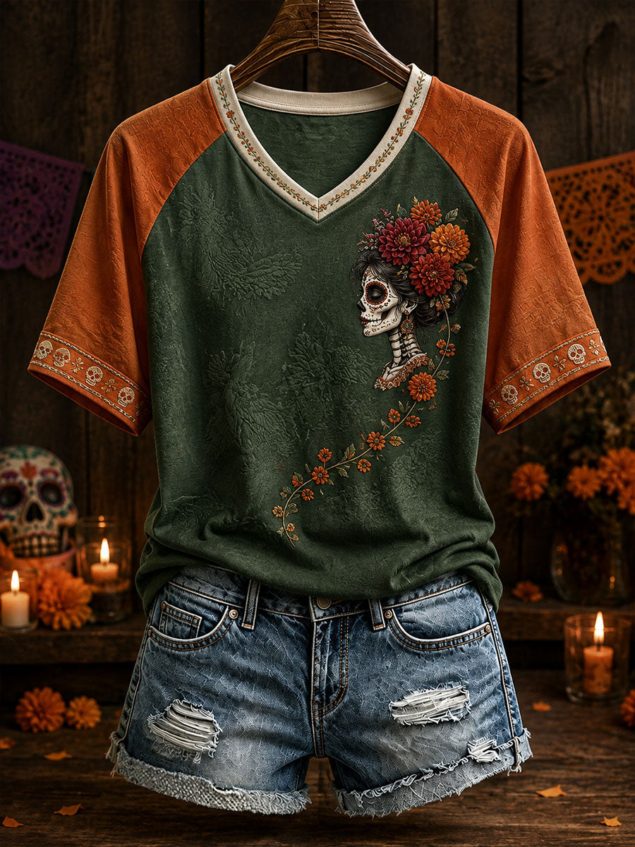 Camiseta estampada con arte floral del Día de los Muertos mexicano para mujer