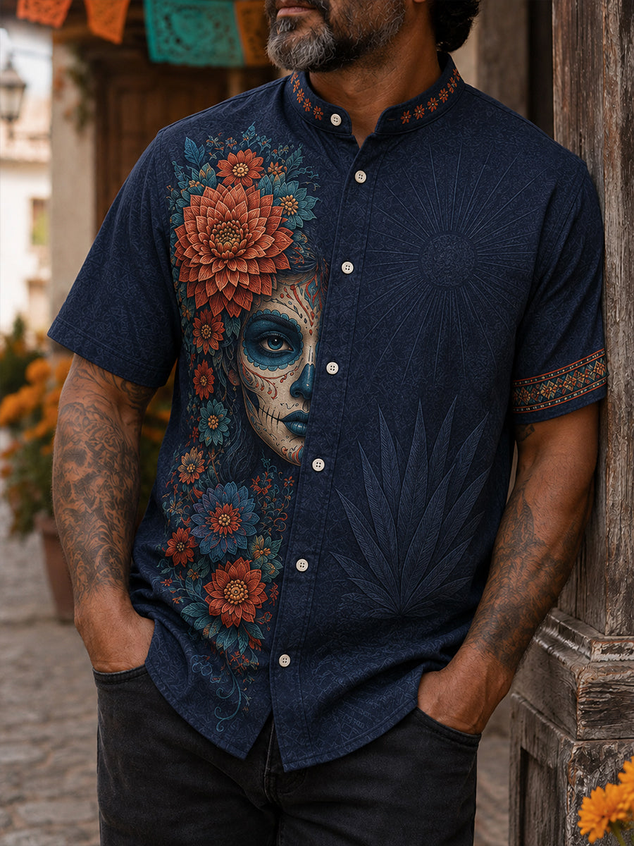 Camisa de lino para hombre con estampado floral mexicano del Día de los Muertos
