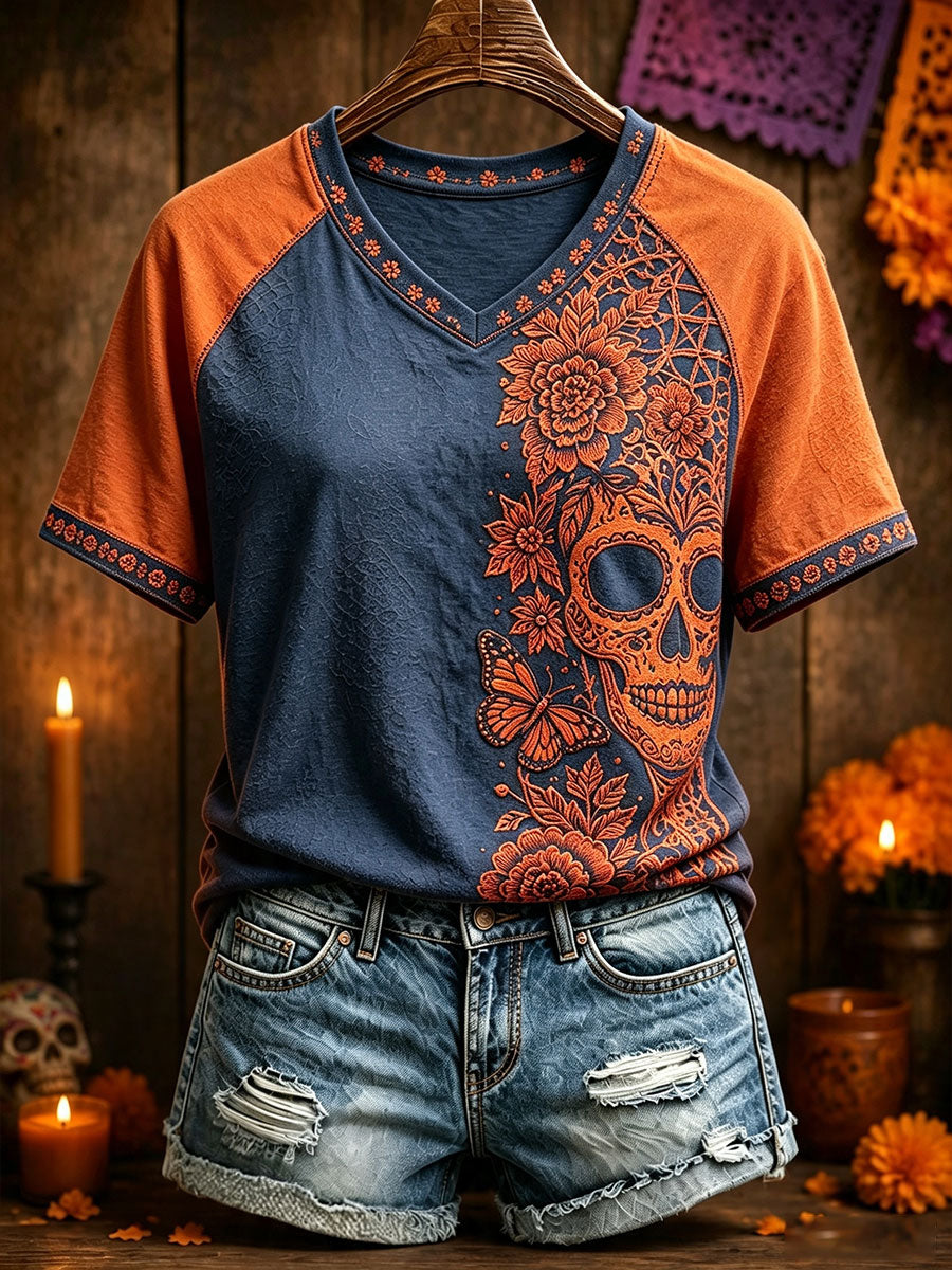 Camiseta estampada con arte floral del Día de los Muertos mexicano para mujer