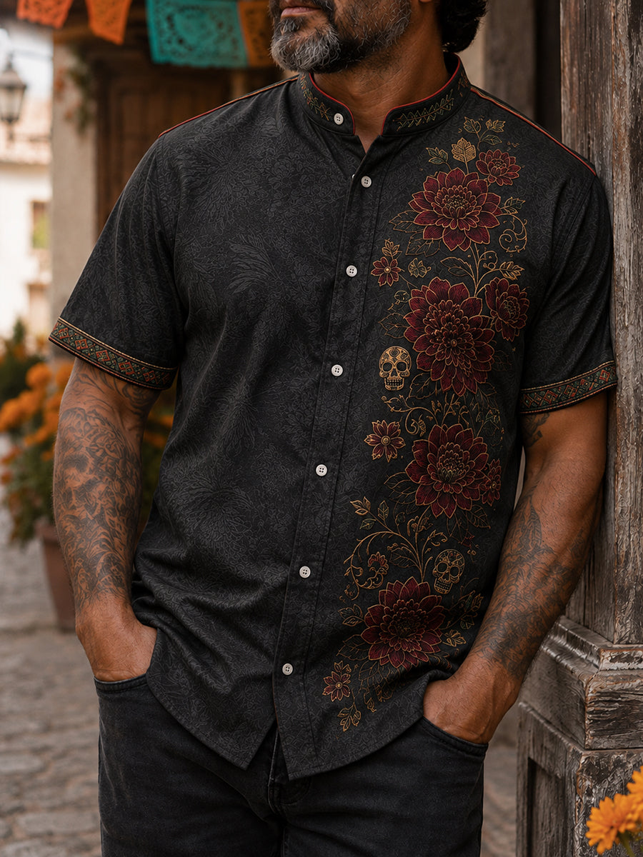 Camisa de lino para hombre con estampado floral mexicano del Día de los Muertos