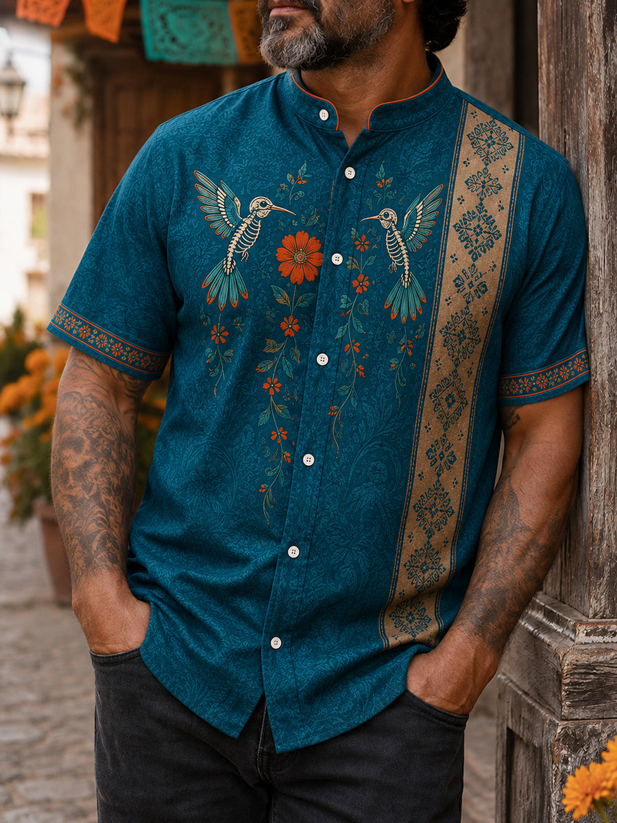 Camisa de lino para hombre con estampado floral mexicano del Día de los Muertos