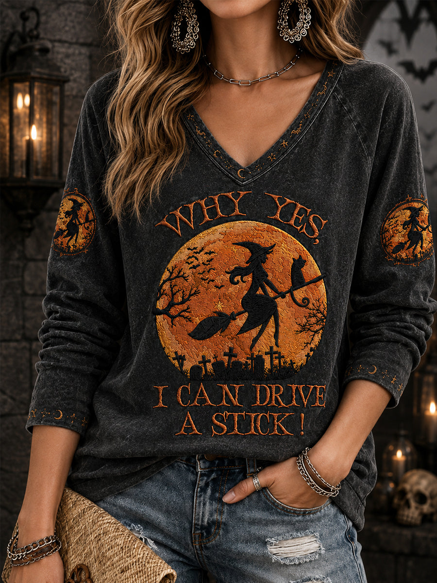 Divertida bruja de Halloween de las mujeres Por qué sí, en realidad puedo conducir un palo de impresión casual con cuello en V de manga larga camiseta