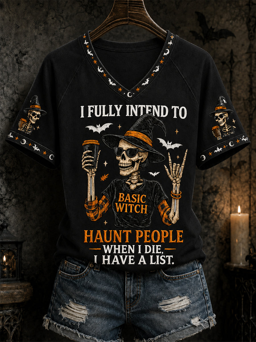 Camiseta informal con cuello en V y estampado divertido de calavera y bruja para mujer