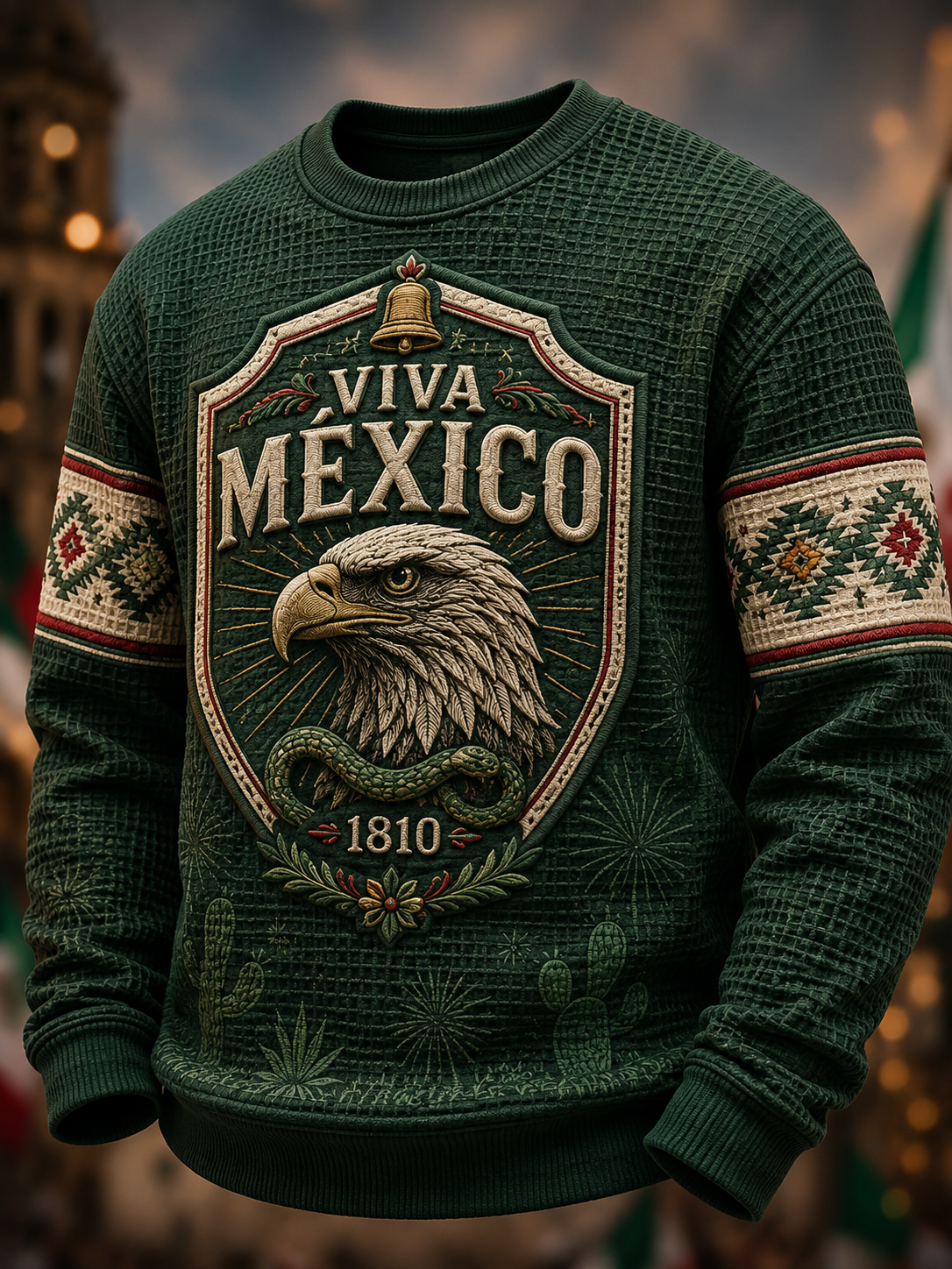 Camiseta de manga larga Waffle del Día de la Independencia de México para hombre