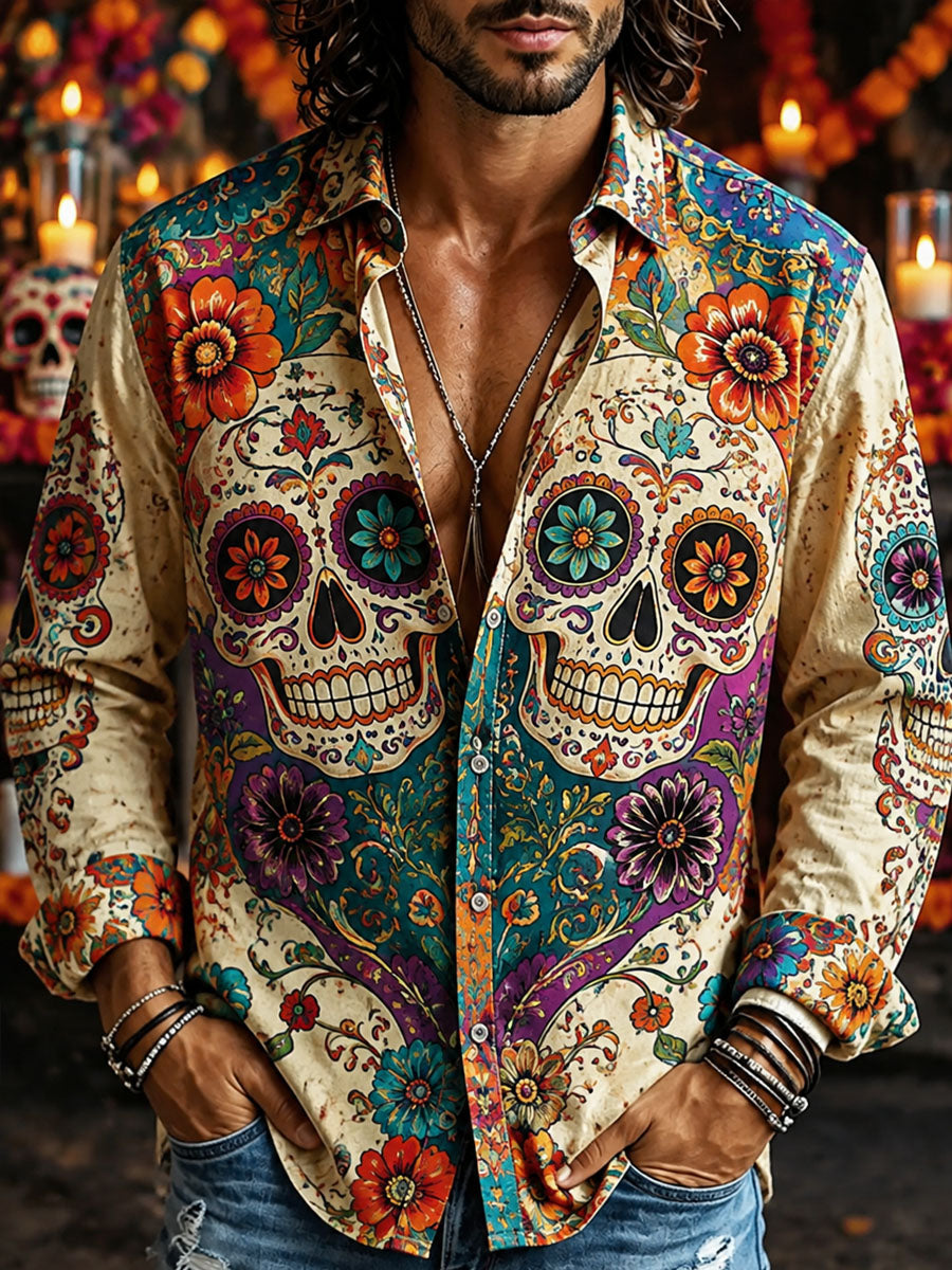 Camisa casual con estampado de calavera del Día de los Muertos para hombre