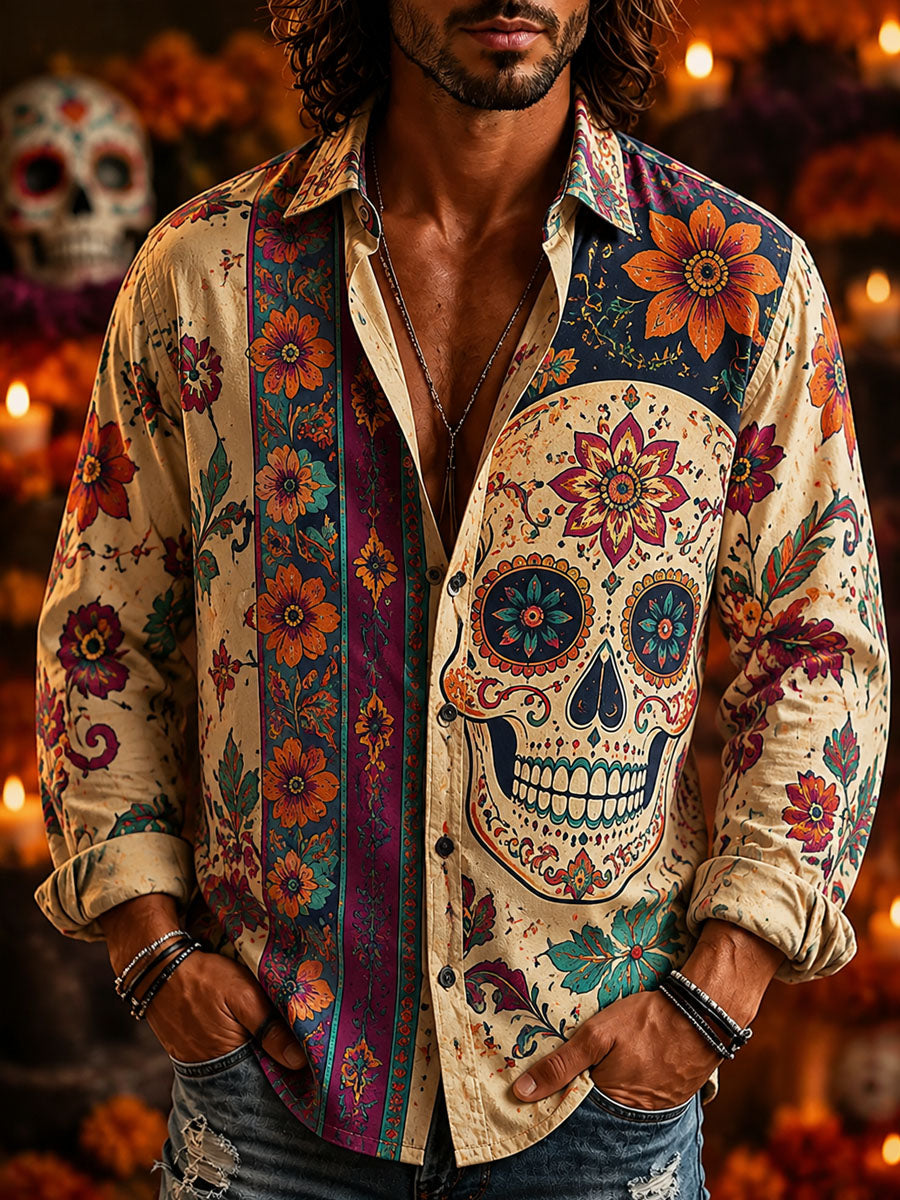 Camisa casual con estampado de calavera del Día de los Muertos para hombre