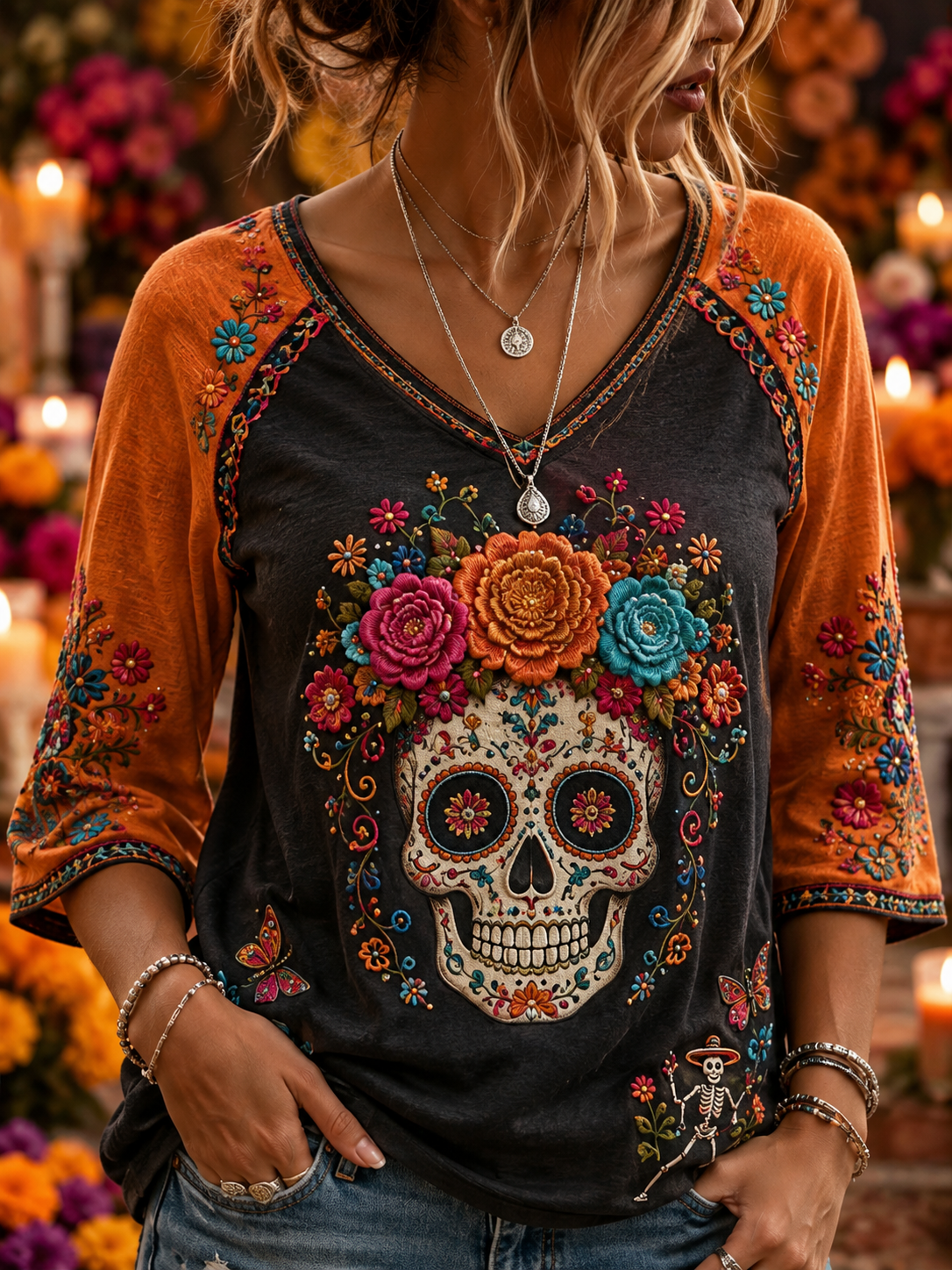 Camiseta de lino de manga corta con diseño del Día de la Muerte para mujer