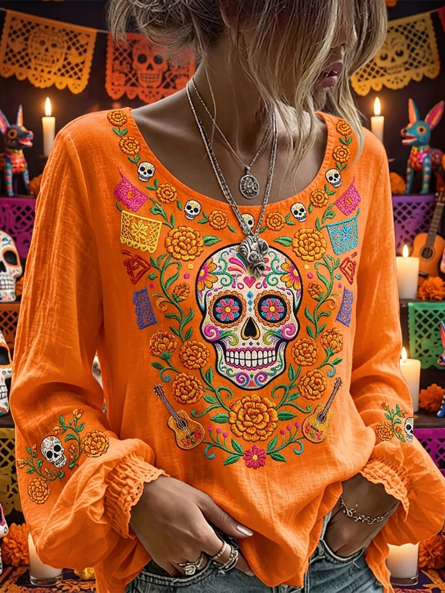 Camisa mexicana de lino de algodón con estampado floral de calavera de azúcar para mujer