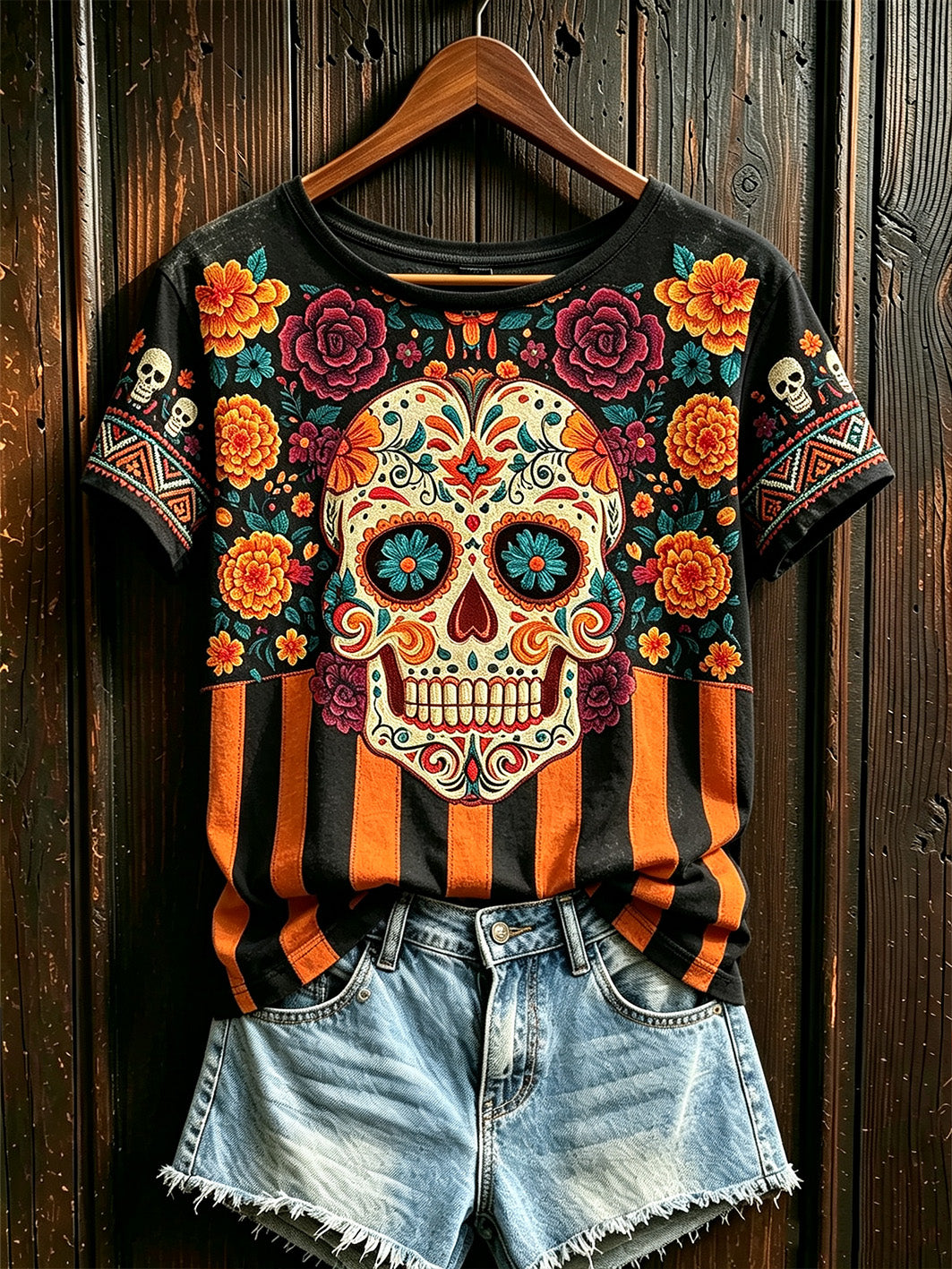 Día de la mujer de la planta muerta y flor patrón impreso casual camiseta de manga corta