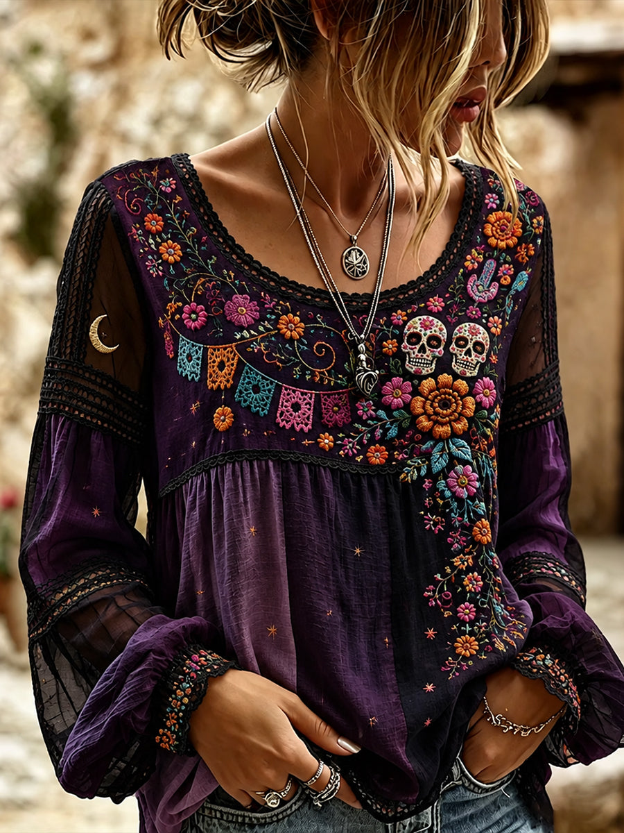 Camisa de algodón y lino para el Día de Muertos de México, estilo femenino