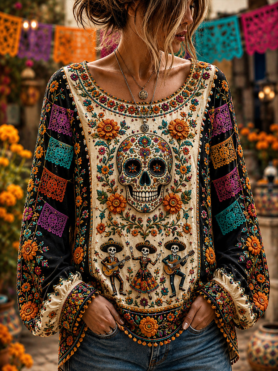 Camisa de algodón y lino para el Día de Muertos de México, estilo femenino