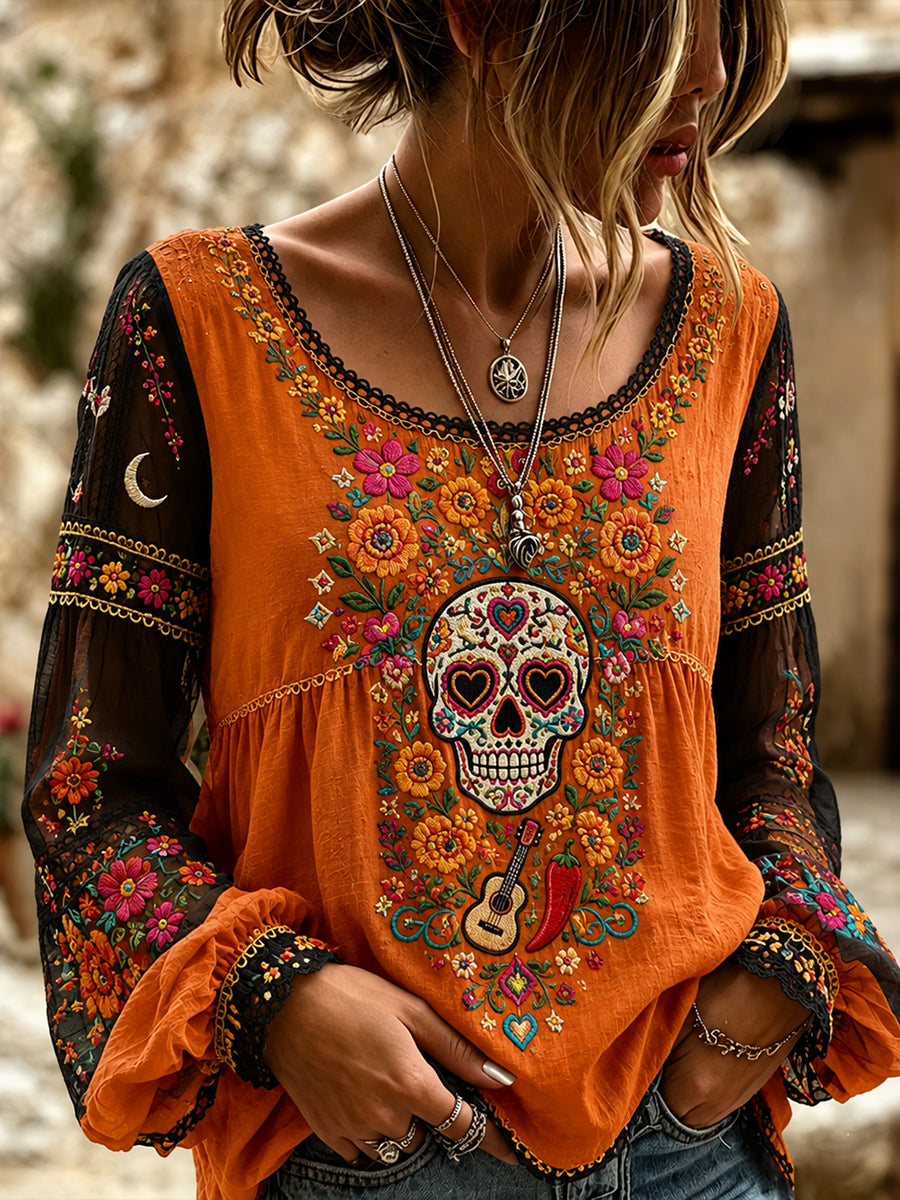 Camisa de algodón y lino para el Día de Muertos de México, estilo femenino