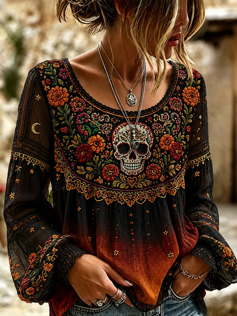 Camisa de algodón y lino para el Día de Muertos de México, estilo femenino