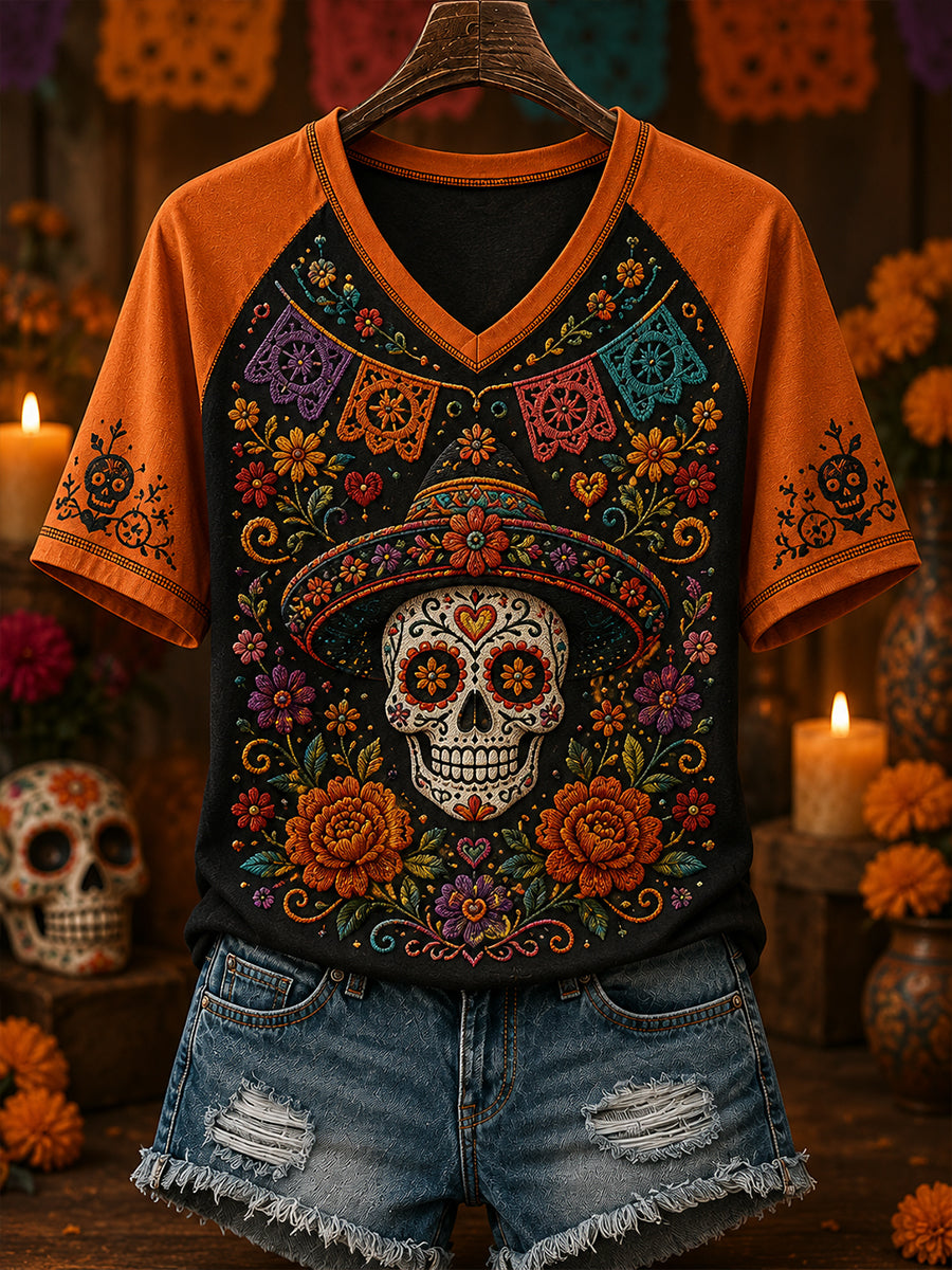 Camiseta de manga corta con cuello en V de México para mujer