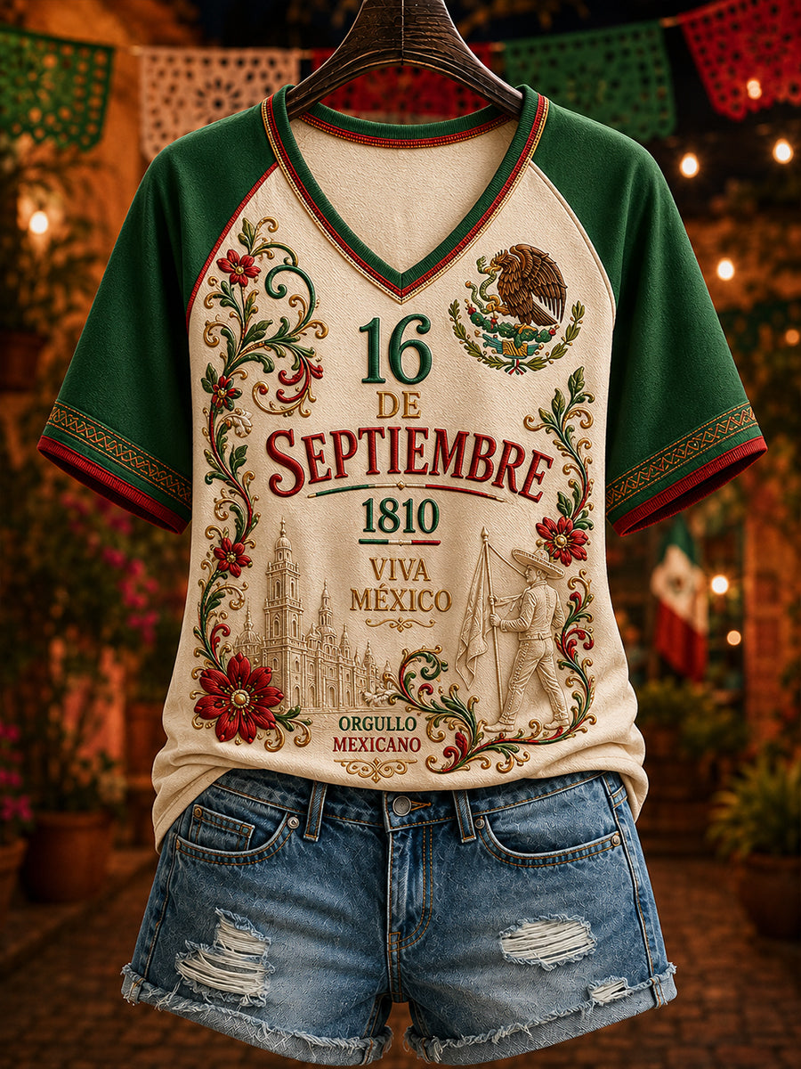 Camiseta de manga corta con diseño de la Independencia de México para mujer