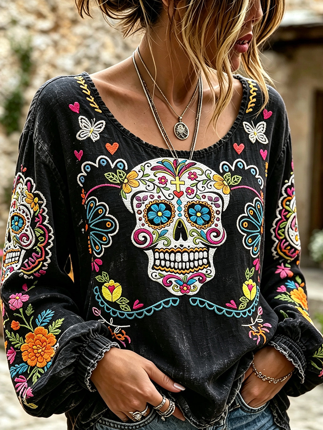 Camisa de lino de algodón casual impresa del patrón del día de los muertos de las mujeres