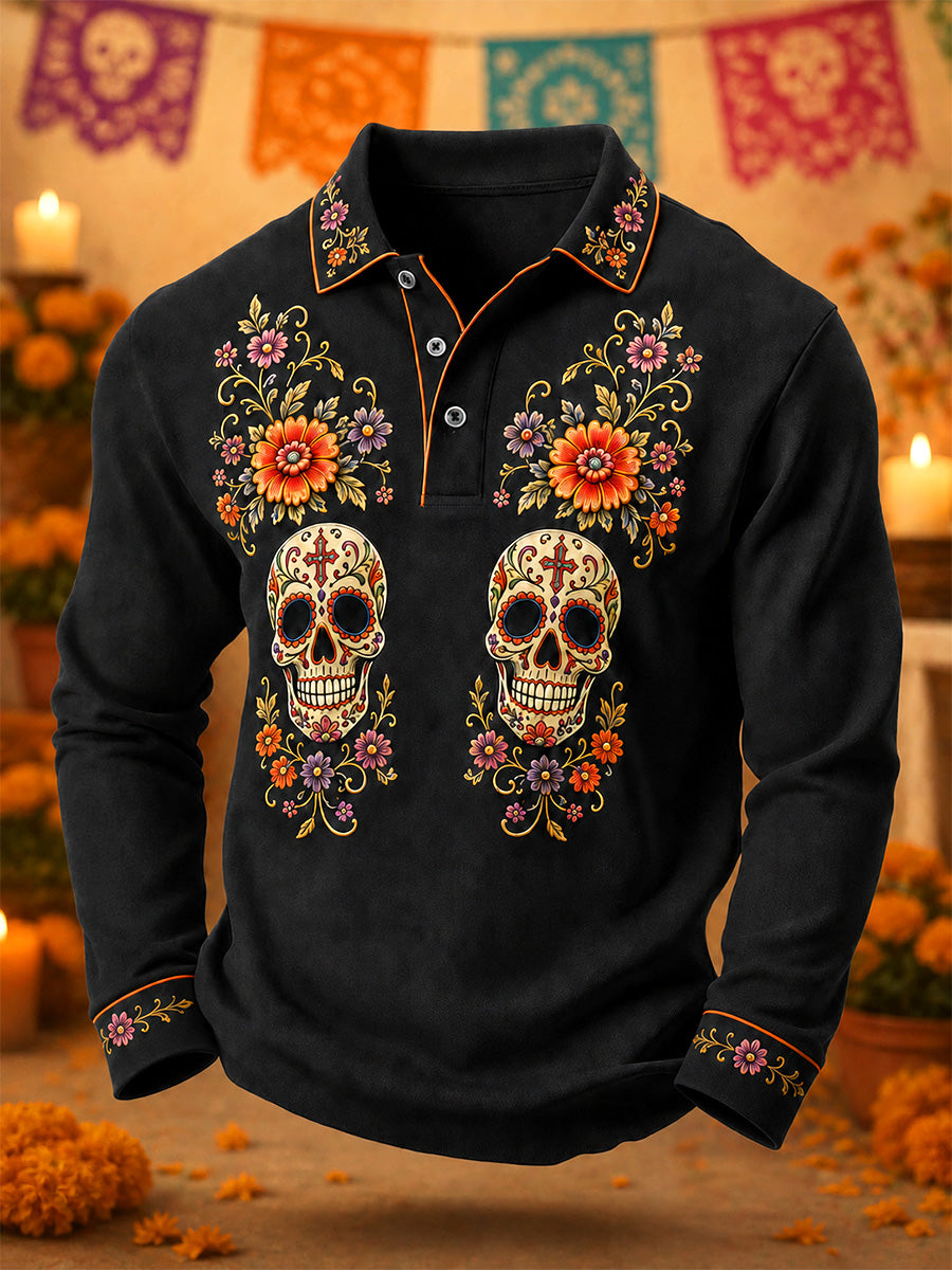 Polo casual de manga larga para hombre México Day of The Dead Art Print