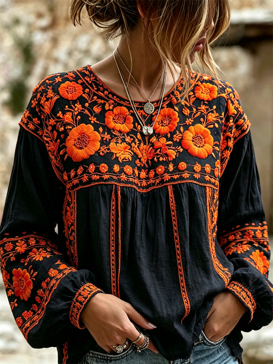 Camisa con estampado floral mexicano de caléndulas para el Día de Muertos femenino